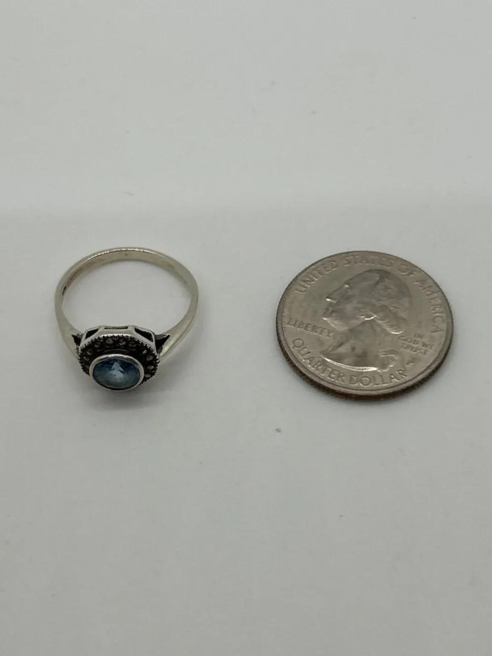 Vintage 925 Sterling Silver Blue Stone & Marcasite Halo Ring Size 6